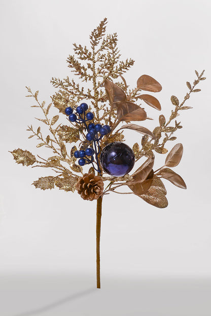 18" Glitter leaf Berry Cone Pick Dark Blue/Champagne