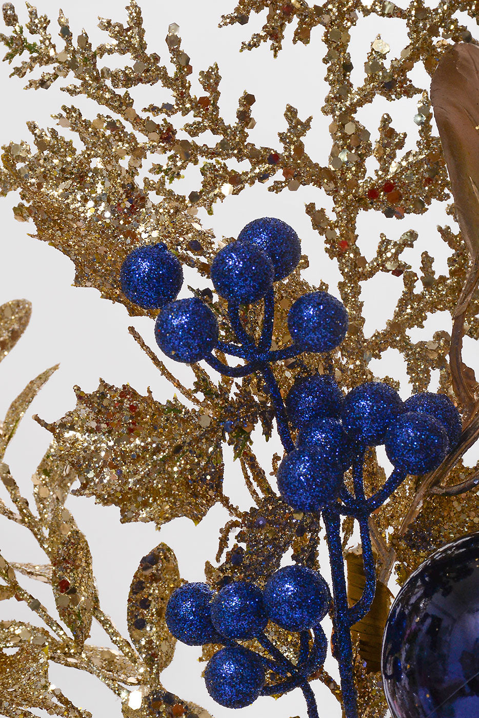 18" Glitter leaf Berry Cone Pick Dark Blue/Champagne