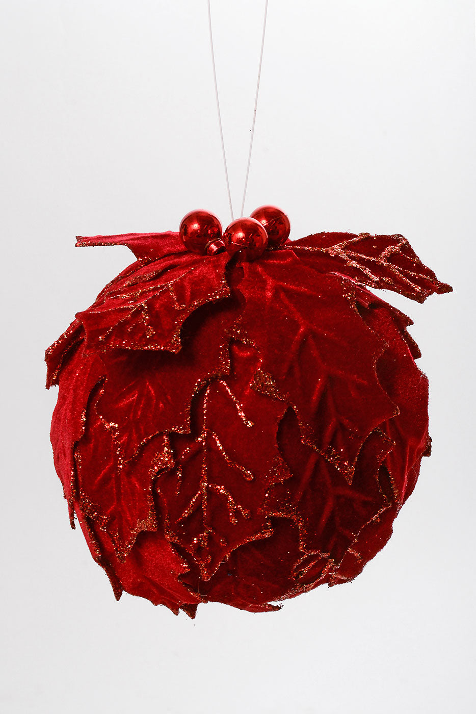 6" Velvet Holly Leaf Kissing Ball With Ball Ornament Red