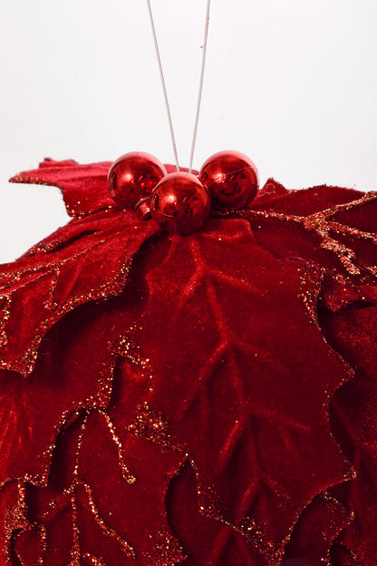 6" Velvet Holly Leaf Kissing Ball With Ball Ornament Red
