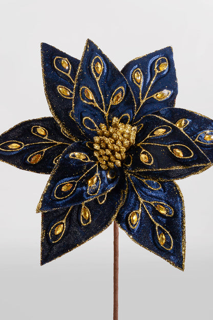 25" Bejeweled Poinsettia Stem Midnight Blue