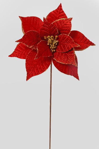 26" Velvet Leaf Poinsettia Stem Red/Gold