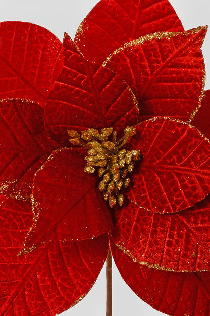 26" Velvet Leaf Poinsettia Stem Red/Gold