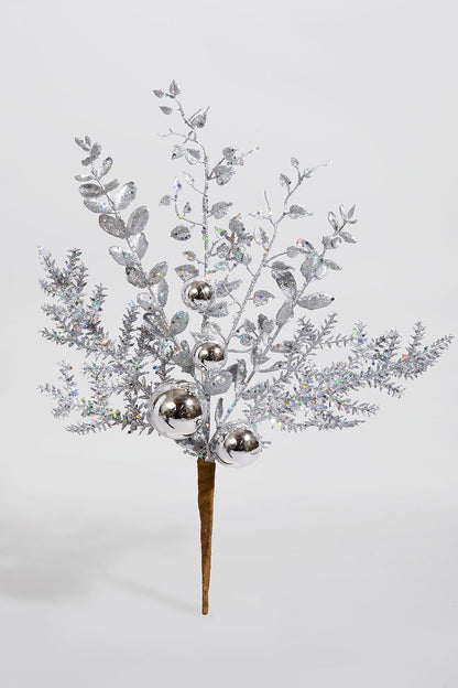 18" Glitter Ball Berry Spray Silver