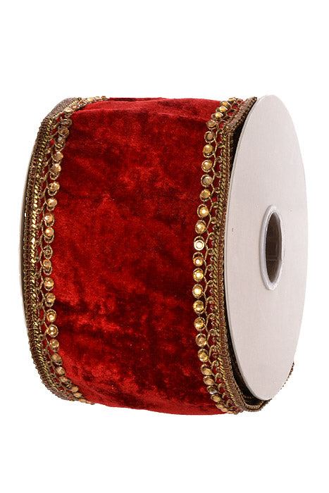 4" X 5Yds Wired Jewel Trim Edge Sheldon Velvet Ribbon (Red/Gold)
