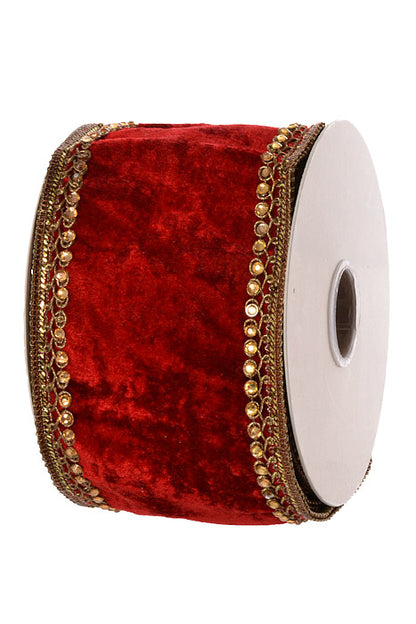 4" X 5Yds Wired Jewel Trim Edge Sheldon Velvet Ribbon (Red/Gold)