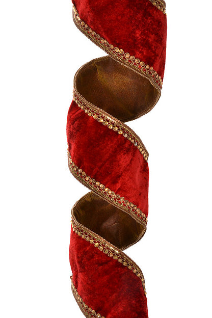 4" X 5Yds Wired Jewel Trim Edge Sheldon Velvet Ribbon (Red/Gold)