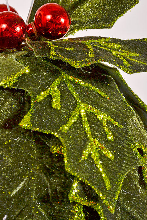 6" Velvet Holly Leaf Kissing with Ball Ornament Dark Green/Red