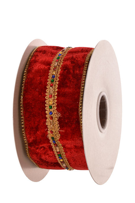 2.5" X 5Yds Wired Diamond Jewel Trim Velvet Ribbon (Red/Gold)