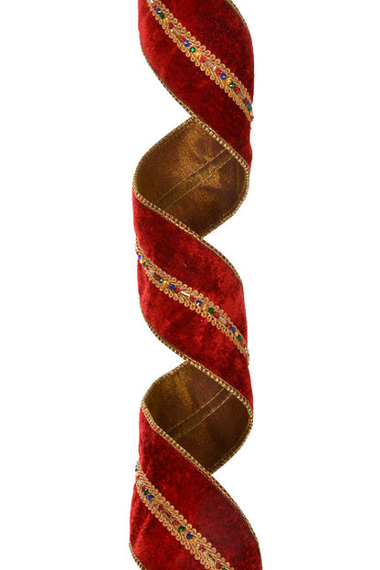 2.5" X 5Yds Wired Diamond Jewel Trim Velvet Ribbon (Red/Gold)
