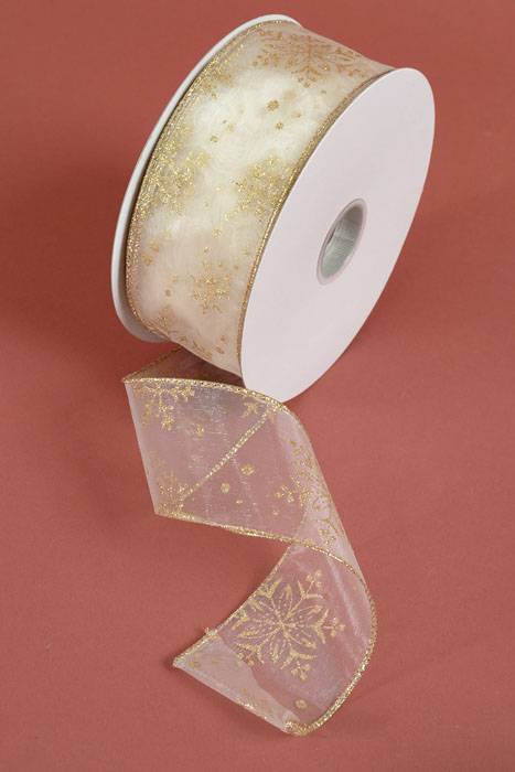 2.5" X 50yds Snowflake Ribbon Ivory/gold