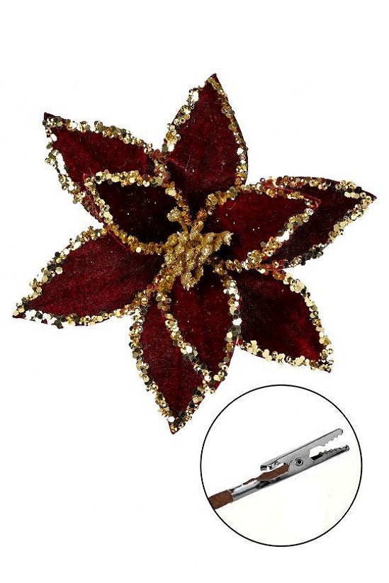 7" Poinsettia Sequin Edge Clip Burgundy