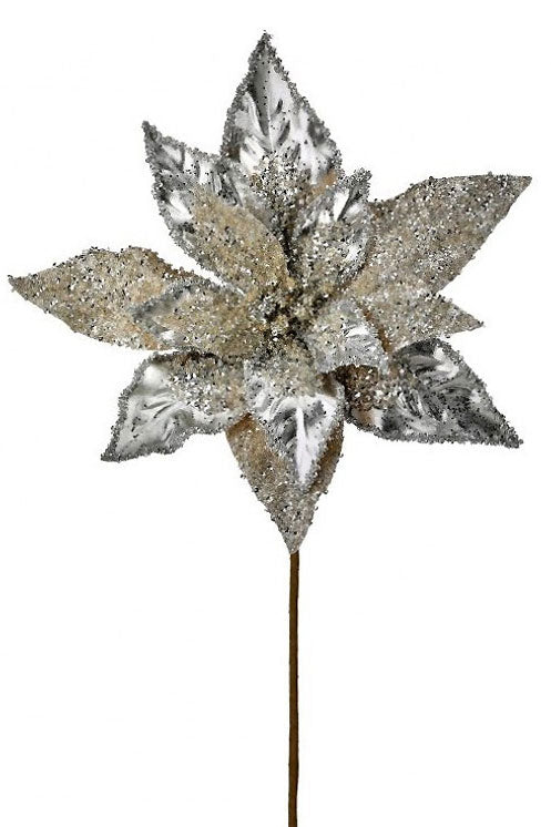 26" Metallic Beaded Poinsettia Stem Platinum