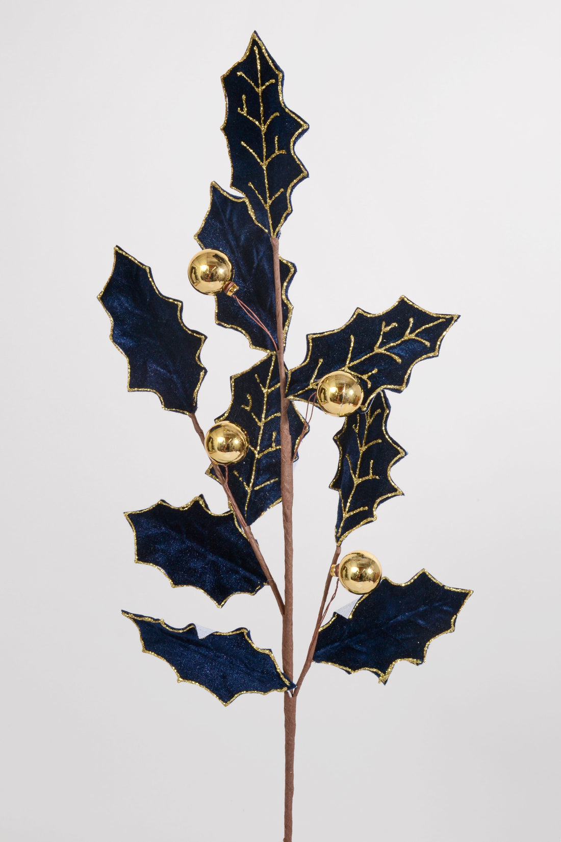 27" Velvet Holly Leaf Spray With Ball Midnight Blue