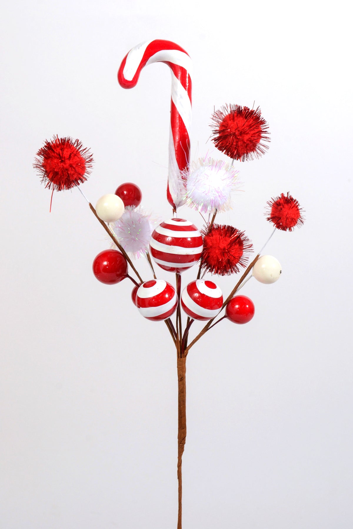 14" Xmas Cane Pompom Pick Red/White