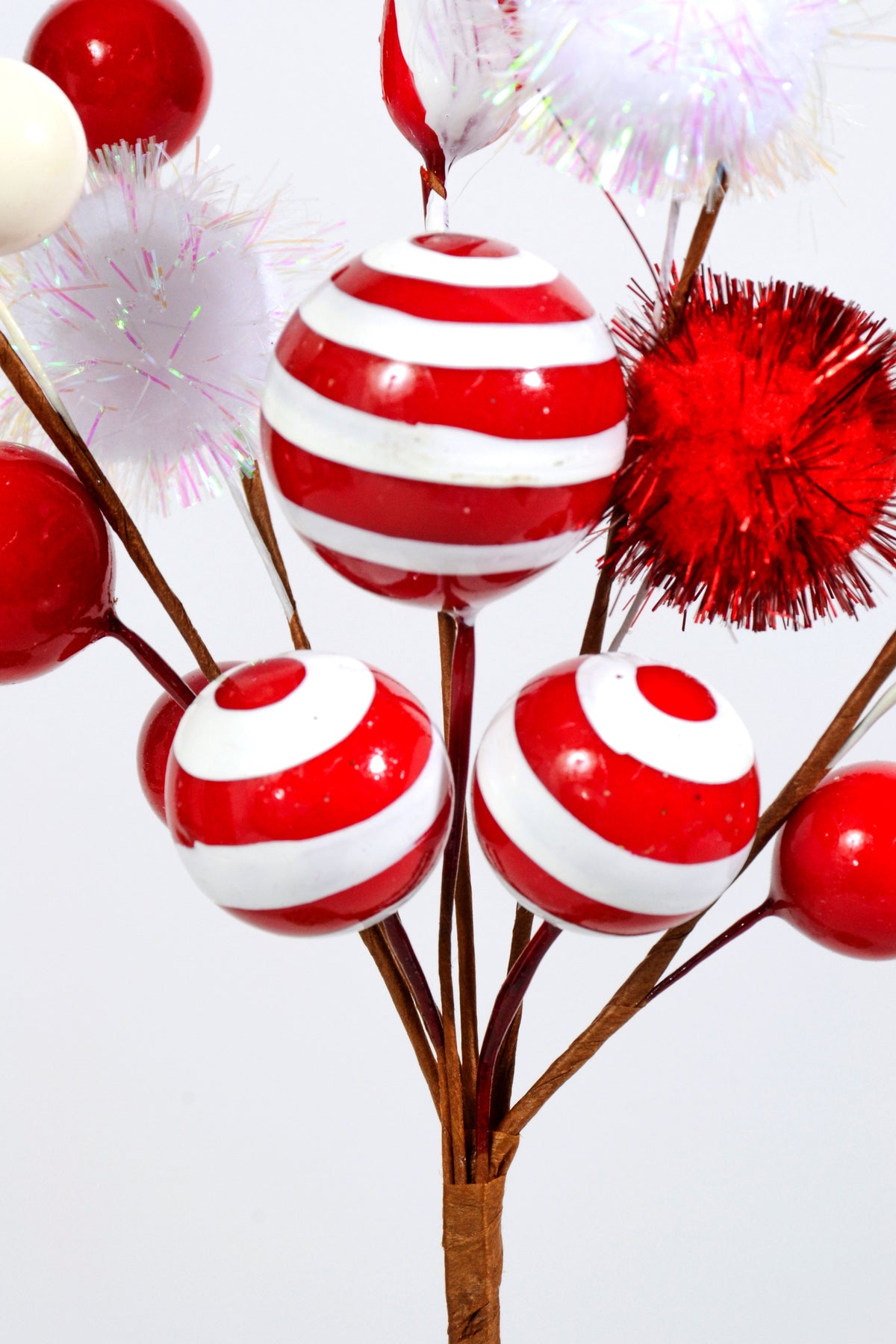 14" Xmas Cane Pompom Pick Red/White