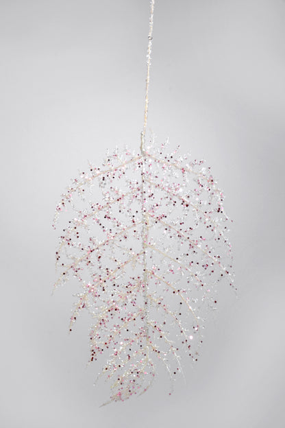 33" Glitter Hanging Palm Leaf Spray White