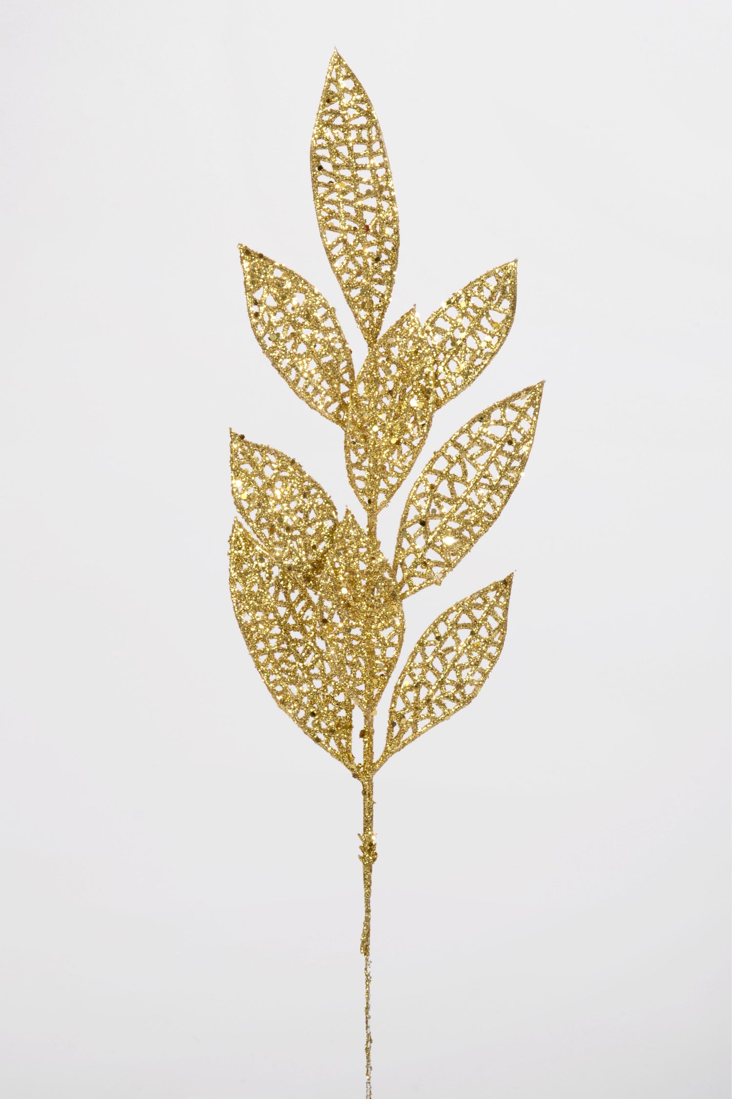 13" Glitter mesh Bay leaf Spray PKG12 Gold