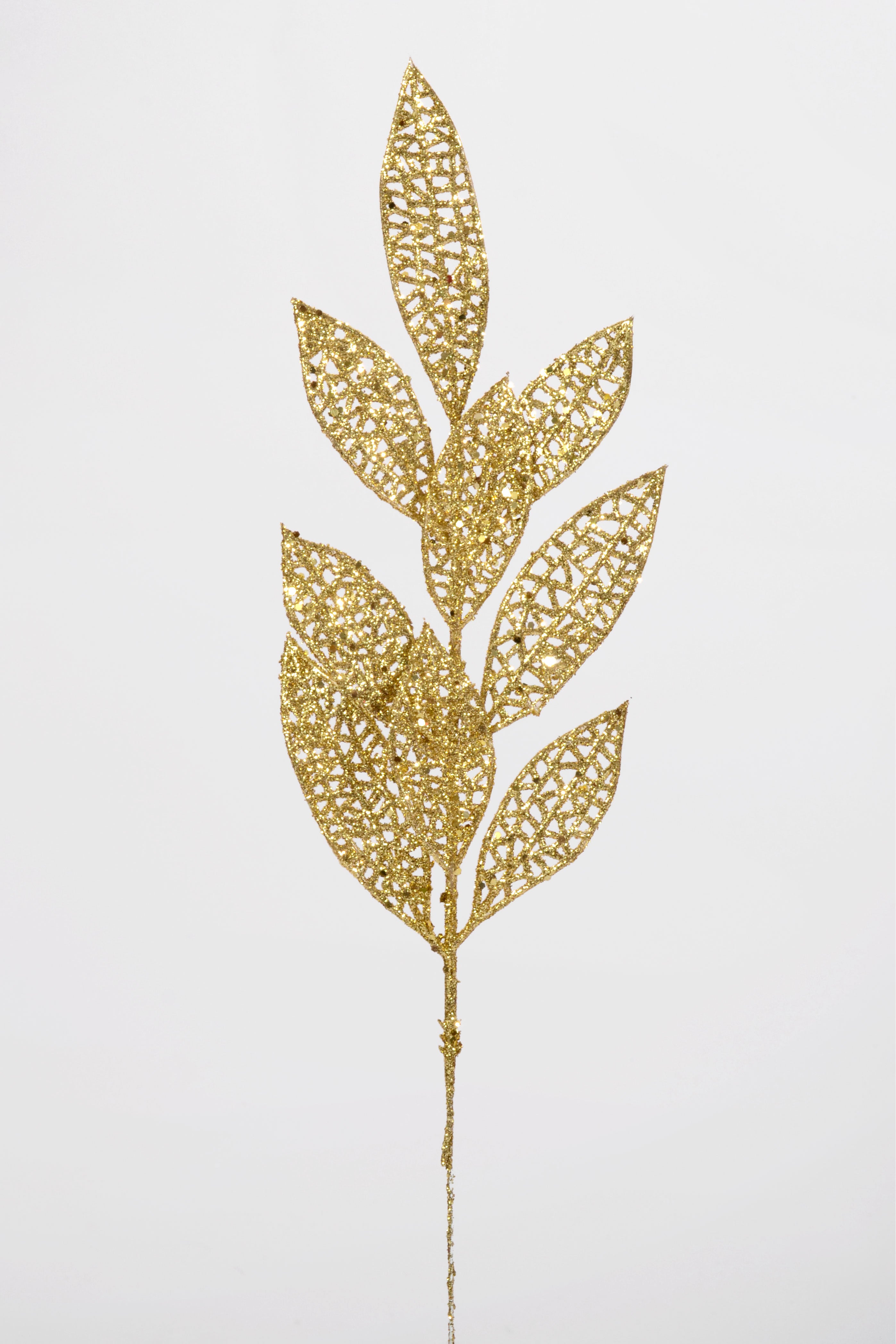 13" Glitter mesh Bay leaf Spray PKG12 Gold