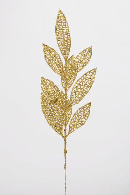 13" Glitter mesh Bay leaf Spray PKG12 Gold