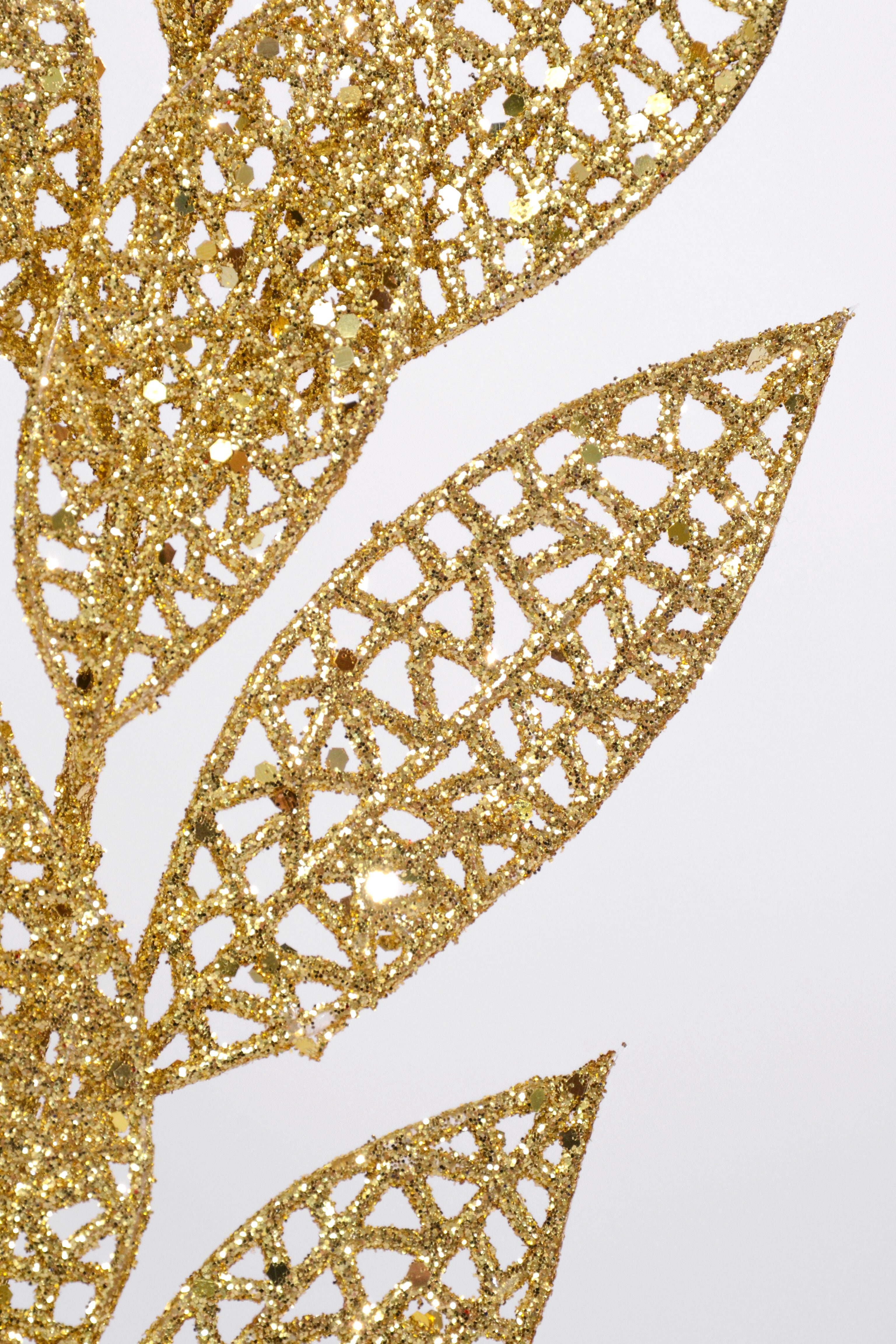 13" Glitter mesh Bay leaf Spray PKG12 Gold
