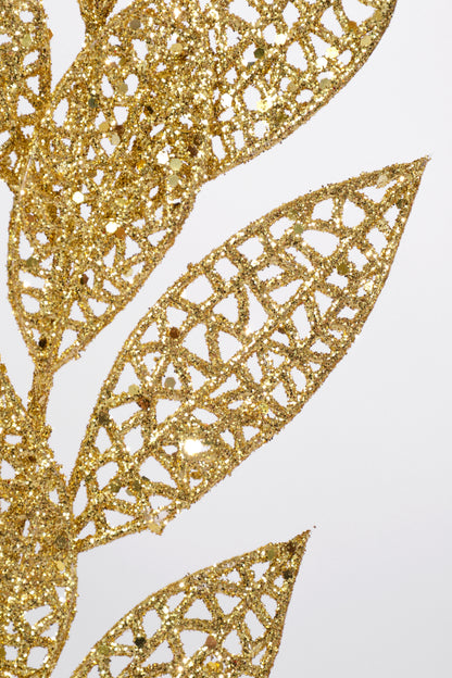 13" Glitter mesh Bay leaf Spray PKG12 Gold