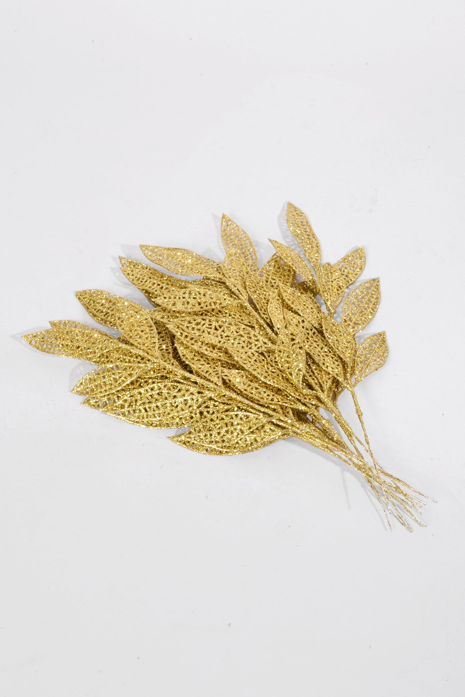 13" Glitter mesh Bay leaf Spray PKG12 Gold