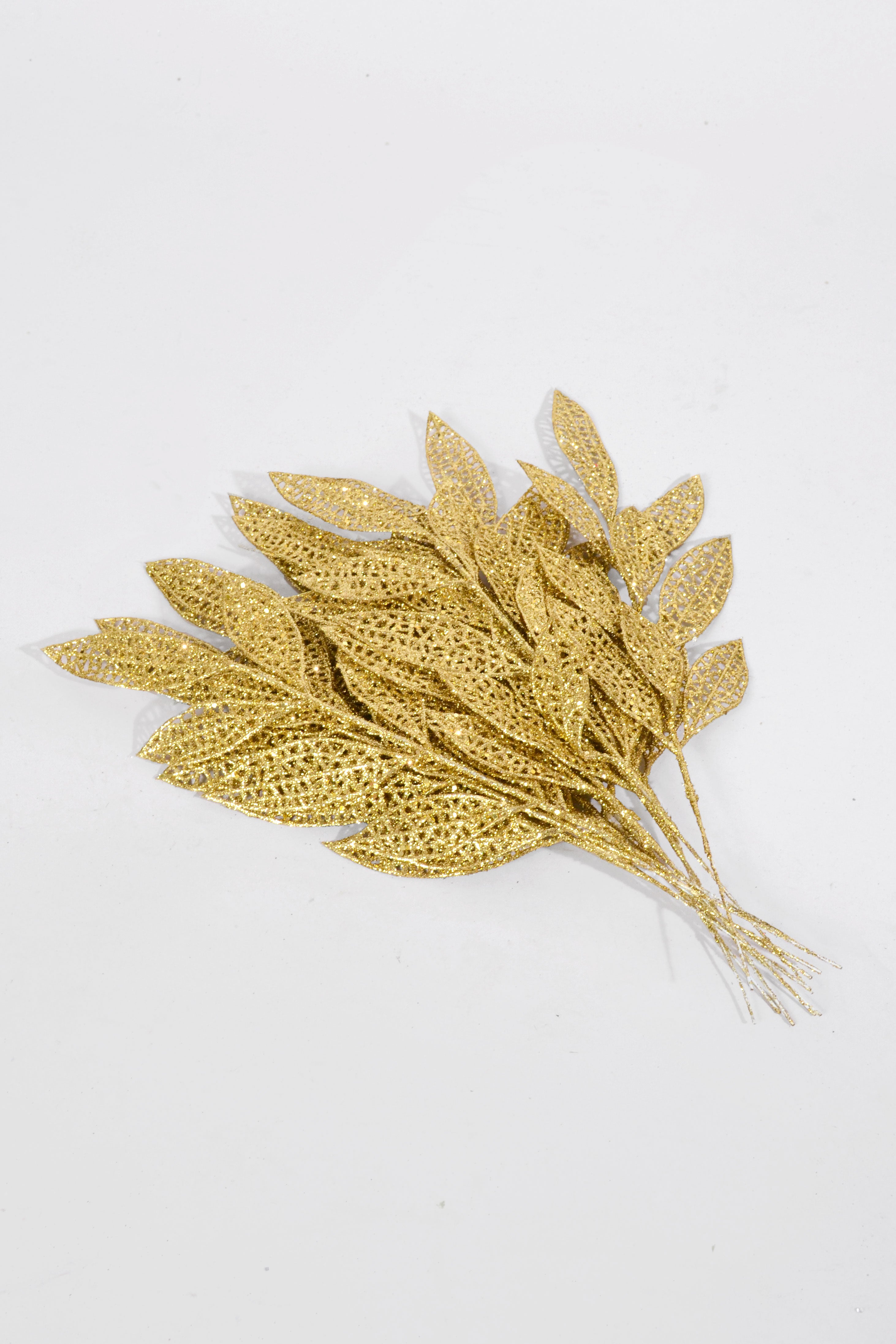 13" Glitter mesh Bay leaf Spray PKG12 Gold