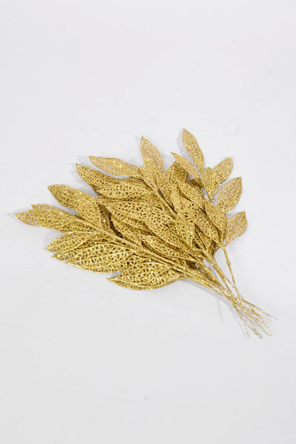 13" Glitter mesh Bay leaf Spray PKG12 Gold