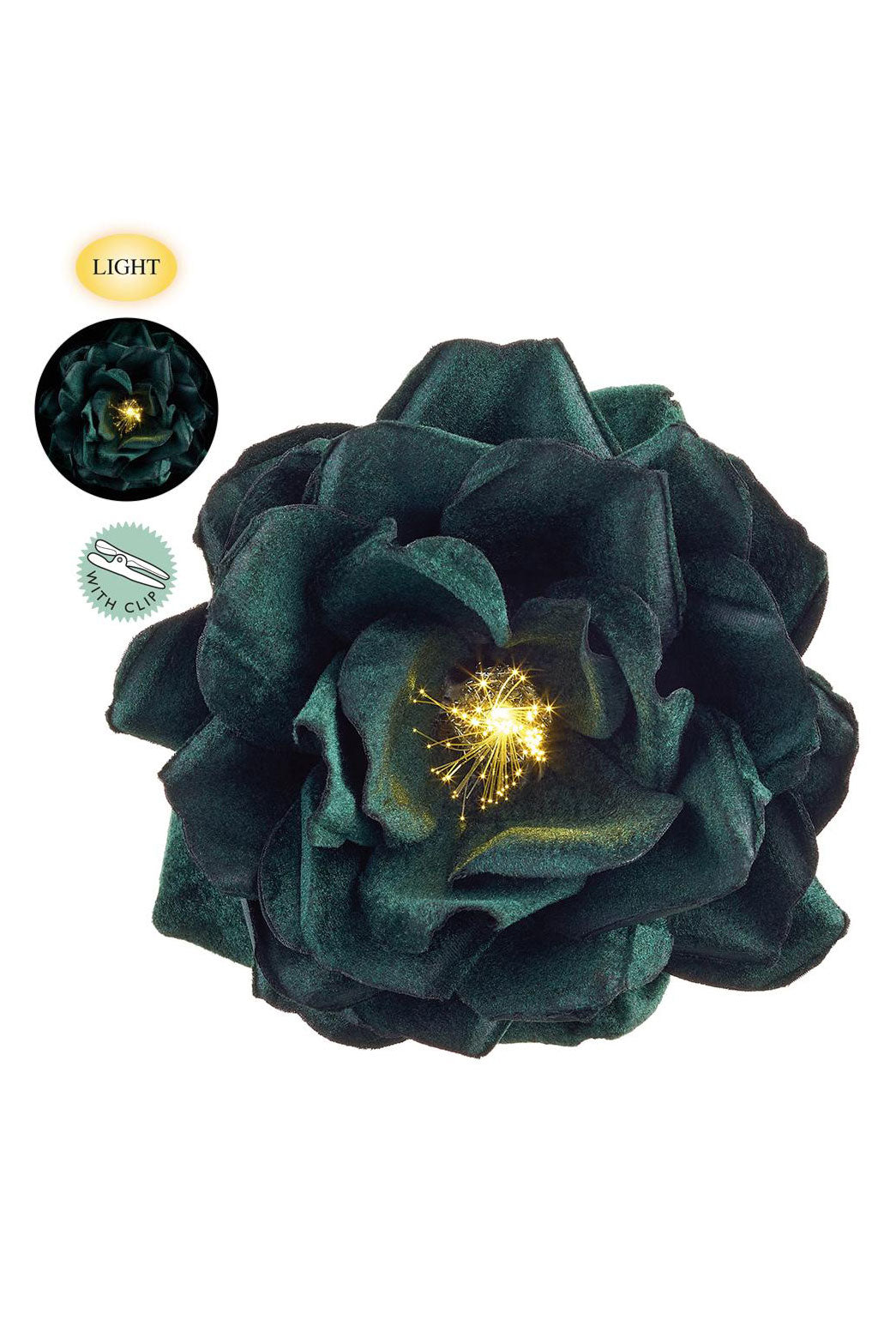 7" Fiber Optical Velvet Rose Clip With Light Dark Green