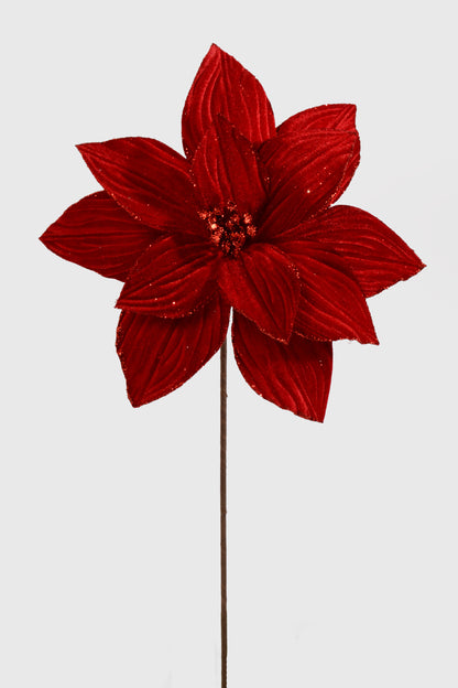 25" Velvet Glitter Poinsettia Stem Red