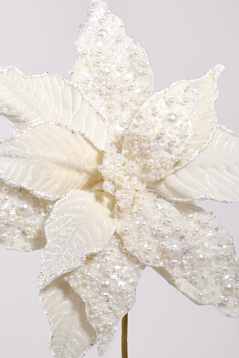 22" Velvet with Pearl Poinsettia Ivory