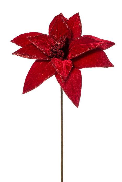 22" Velvet Glitter Edge Jewel Poinsettia Stem Dark Red