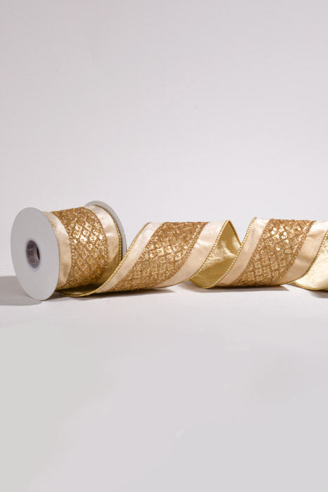4" X 5Yds Wired Sequin Trim Cream Velvet Taffeta Ribbon Ivory/Gold