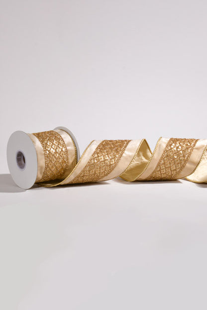 4" X 5Yds Wired Sequin Trim Cream Velvet Taffeta Ribbon Ivory/Gold