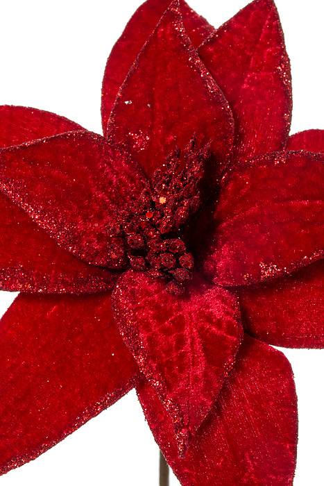 22" Velvet Glitter Edge Jewel Poinsettia Stem Dark Red