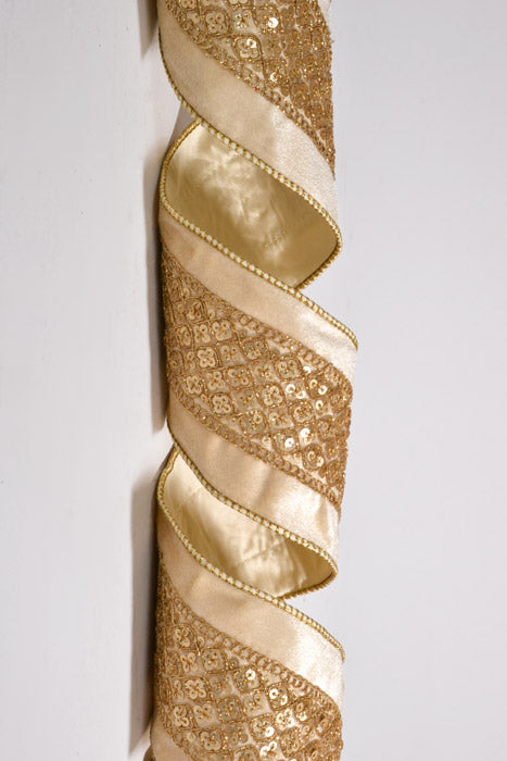 4" X 5Yds Wired Sequin Trim Cream Velvet Taffeta Ribbon Ivory/Gold