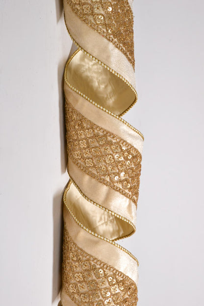 4" X 5Yds Wired Sequin Trim Cream Velvet Taffeta Ribbon Ivory/Gold