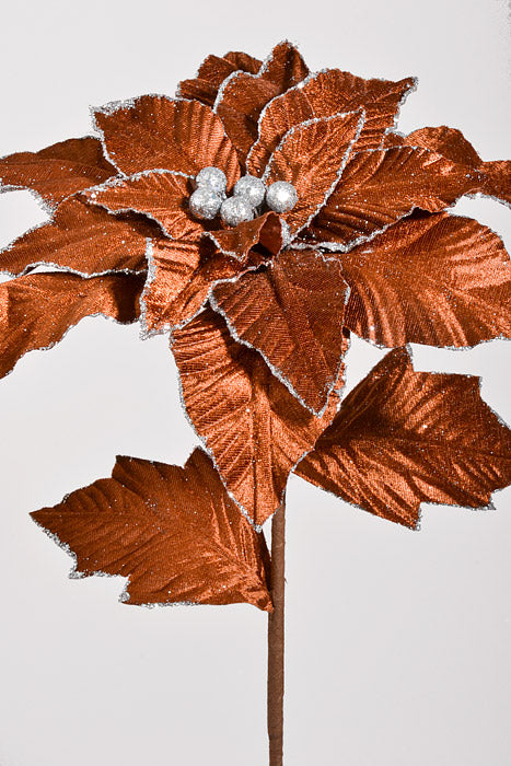 24&quot; Velvet Poinsettia with Glitter Edge Stem Brown
