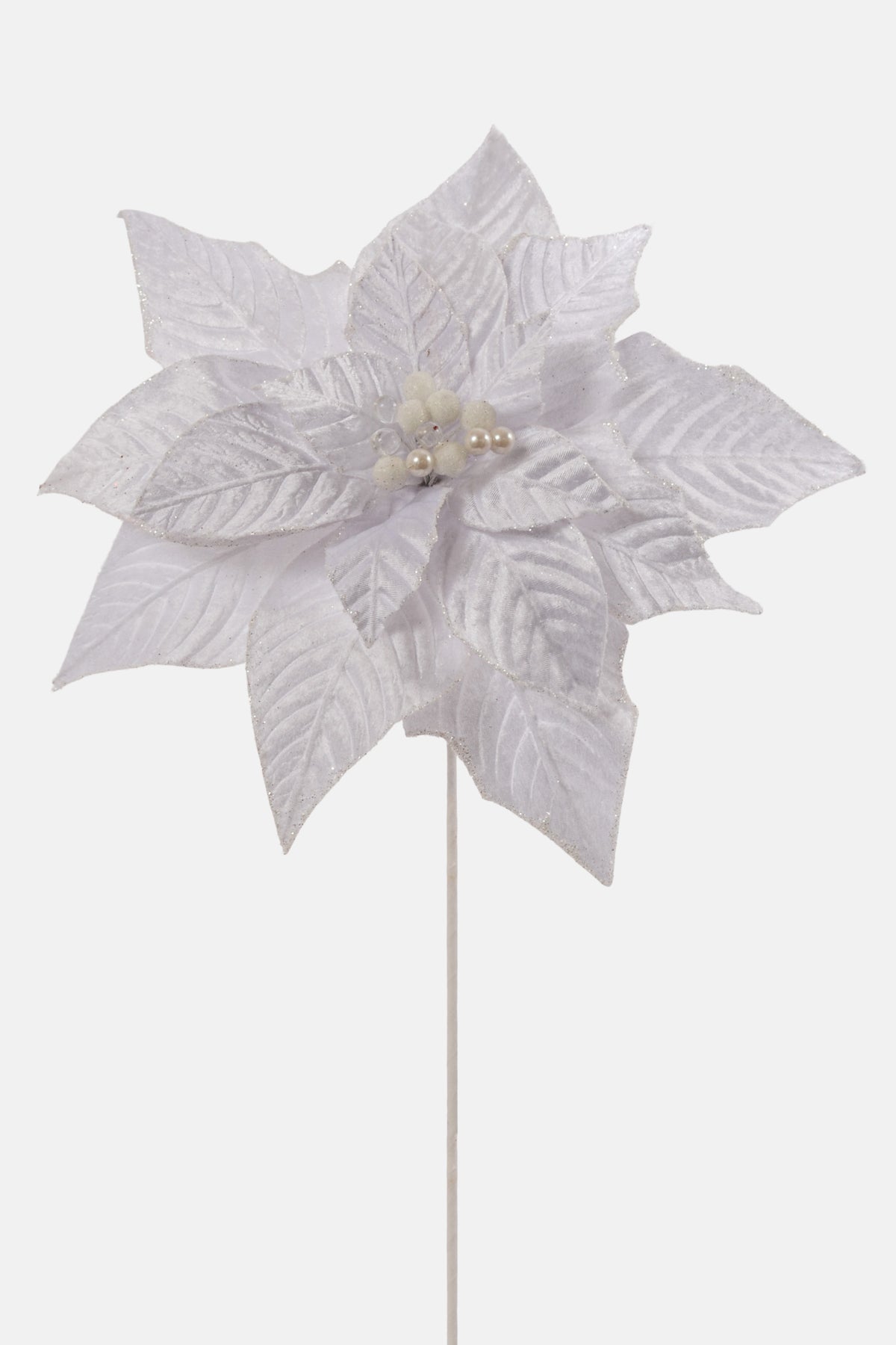 25" Velvet Jeweled Poinsettia Stem White
