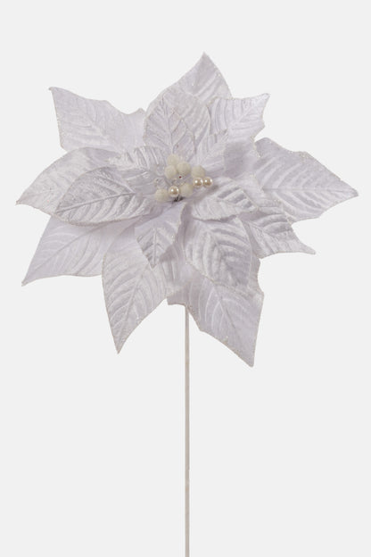 25" Velvet Jeweled Poinsettia Stem White