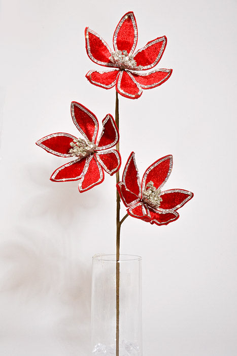 24" Triple Velvet with Jewel Poinsettia Stem Red/Silver