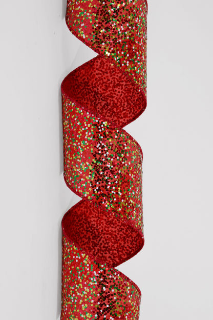 2.5" X 10Yds Wired Heavy Confetti Glitter Ribbon Red/Lime/White
