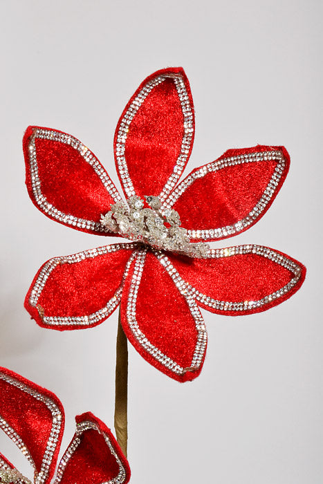 24&quot; Triple Velvet with Jewel Poinsettia Stem Red/Silver