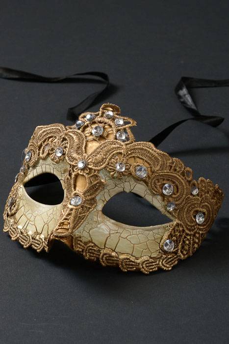 6" Mask W/lace &amp; Rhinestone Gold
