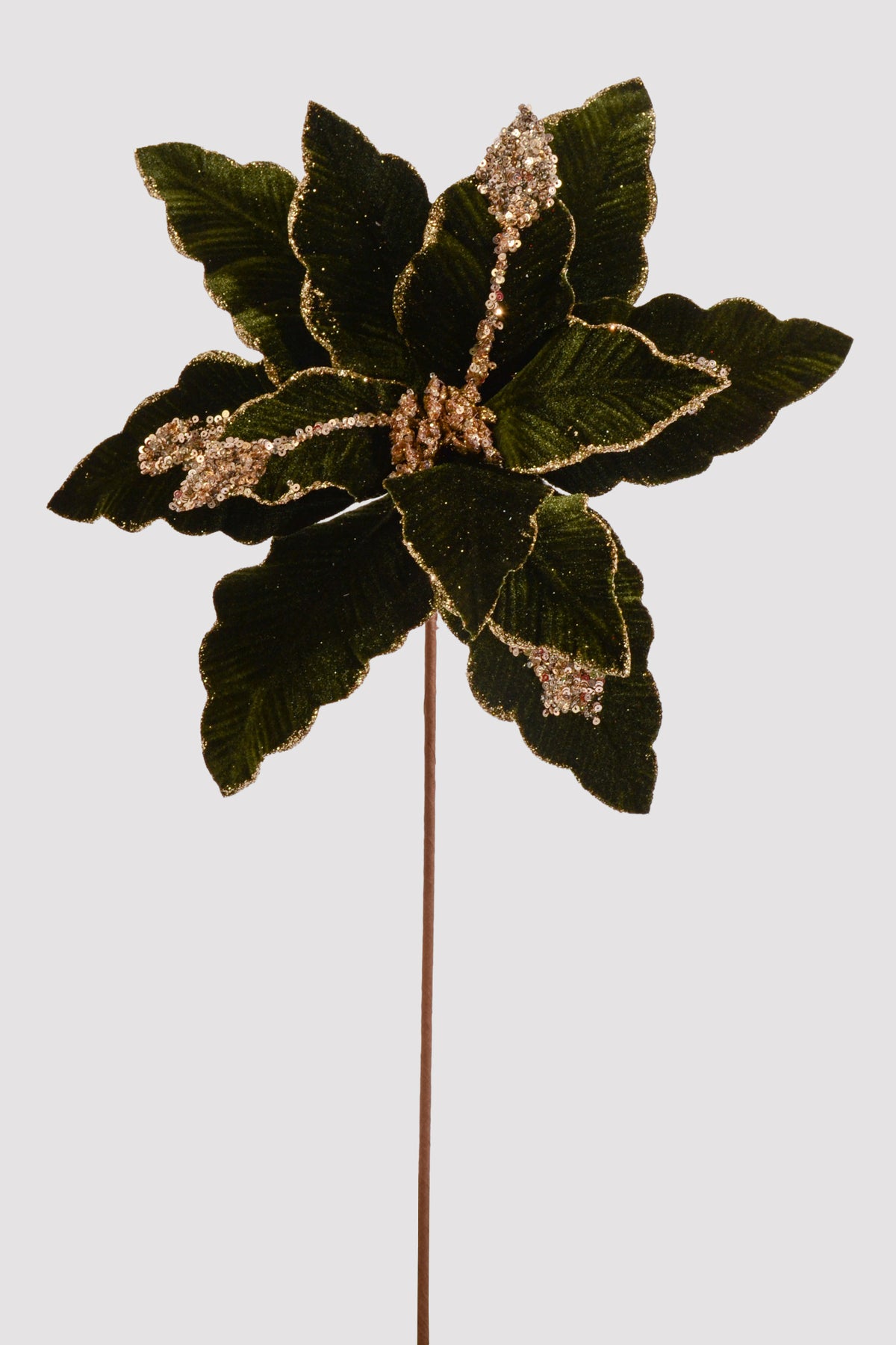 26" Poinsettia Velvet Glitter Stem Emerald