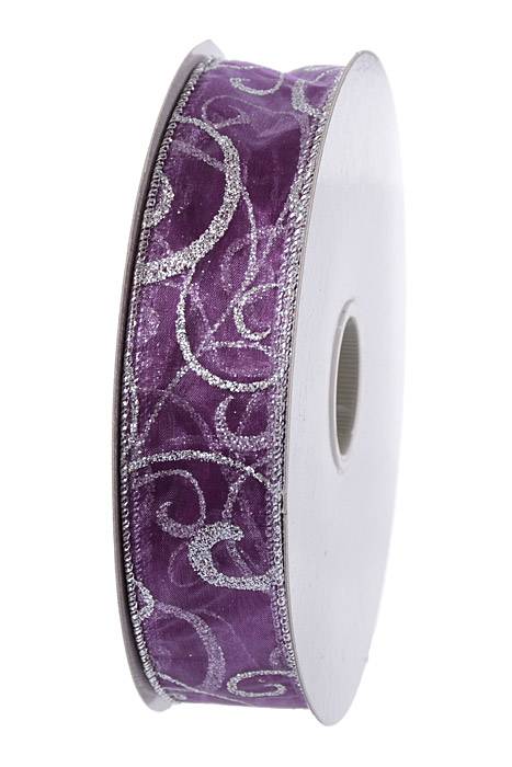 1.5" X 50yds Wired Swirl Ribbon Purple/silver