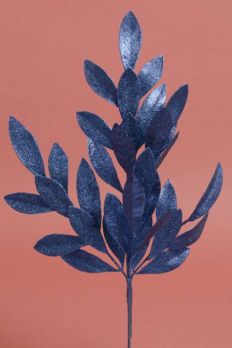 20" Glittered Bay Leaf Spray Dark Blue