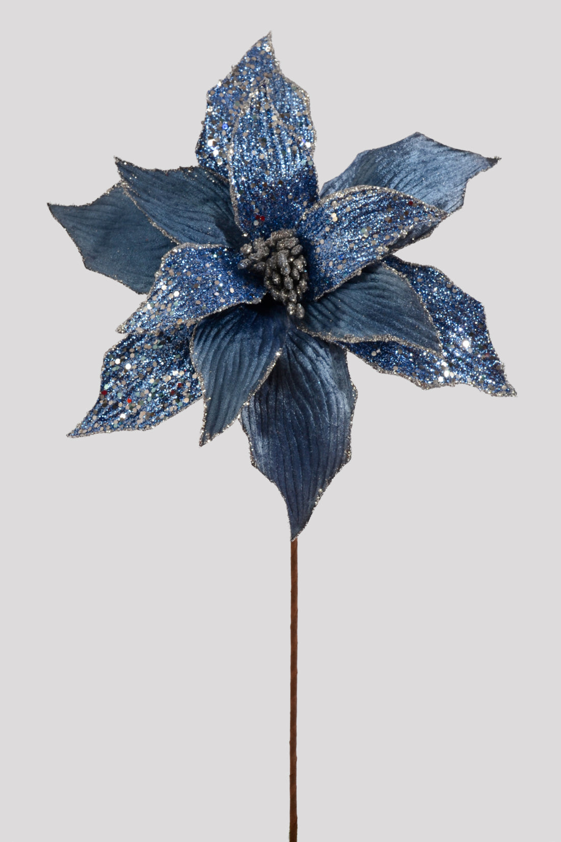 24" Velvet/Beaded Poinsettia Stem Blue