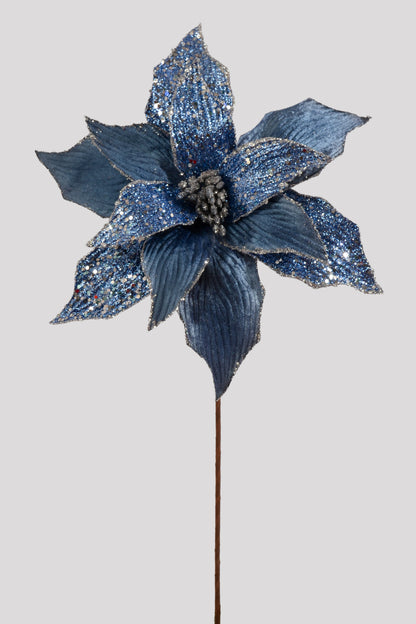 24" Velvet/Beaded Poinsettia Stem Blue